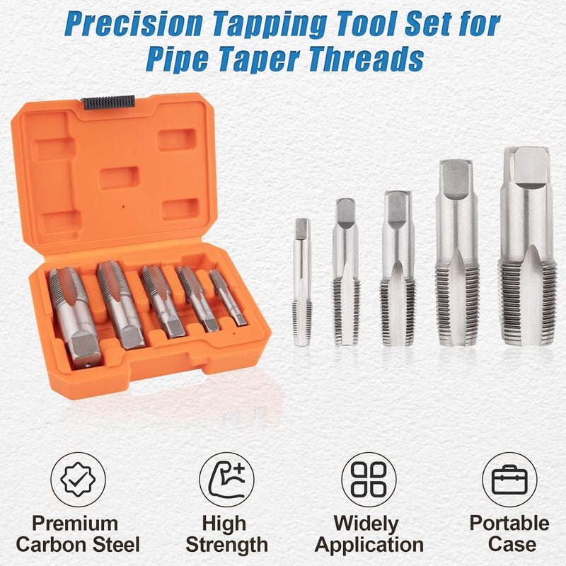 Siapupy طقم أدوات حفر أنابيب NPT من 5 قطع، طقم حفر ومكابس NPT بأحجام 1/8"، 1/4"، 3/8"، 1/2" و3/4" – أداة حفر يدوية من الفولاذ الكربوني للسباكة، الميكانيكا، ومهام الأعمال اليدوية، توفر خيوط دقيقة ونظيفة - Image 4